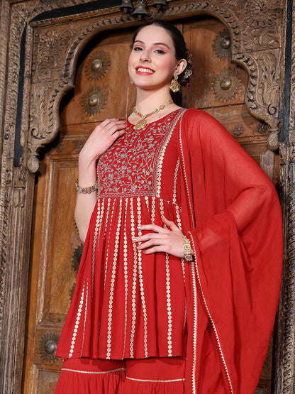 Printed & Embroidered Rayon Short Kurta Sharara Dupatta Set