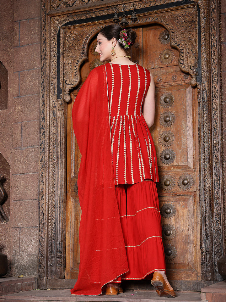 Printed &amp; Embroidered Rayon Short Kurta Sharara Dupatta Set