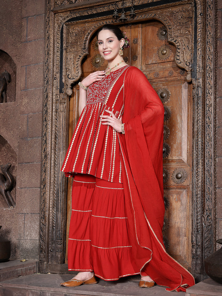 Printed &amp; Embroidered Rayon Short Kurta Sharara Dupatta Set