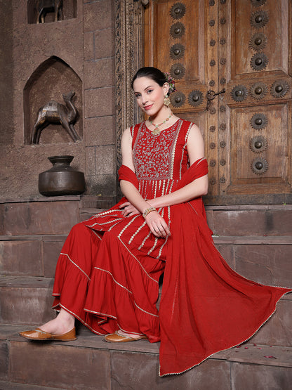 Printed & Embroidered Rayon Short Kurta Sharara Dupatta Set