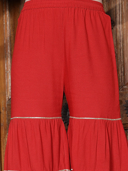 Printed & Embroidered Rayon Short Kurta Sharara Dupatta Set