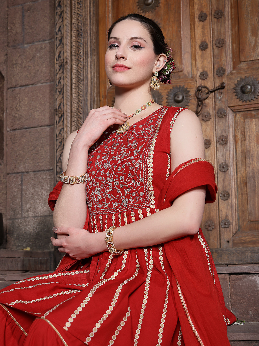 Printed &amp; Embroidered Rayon Short Kurta Sharara Dupatta Set