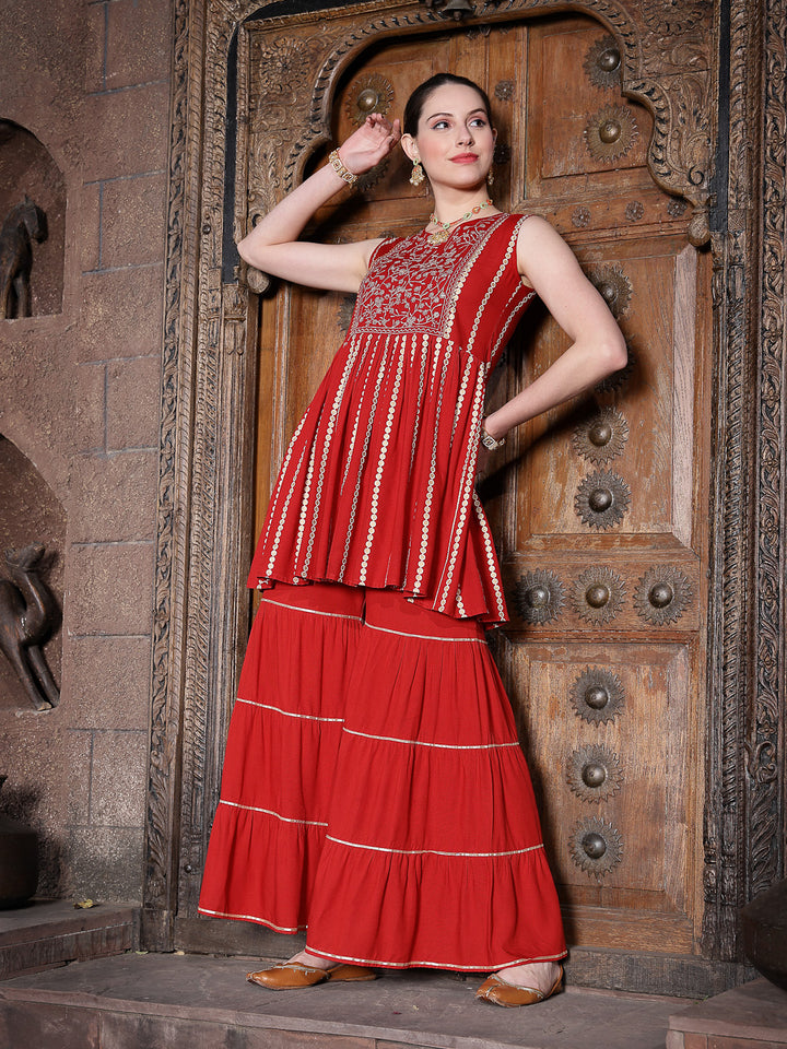 Printed &amp; Embroidered Rayon Short Kurta Sharara Dupatta Set