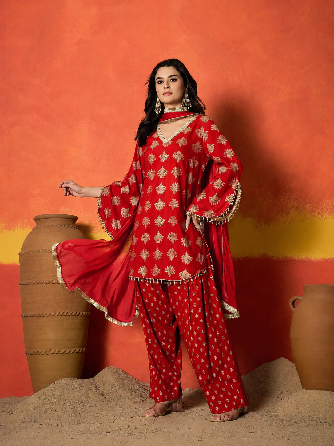 Printed Rayon A-Line Kurti Farshi Salwar With Dupatta