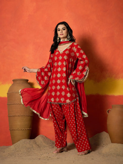 Printed Rayon A-Line Kurti Farshi Salwar With Dupatta