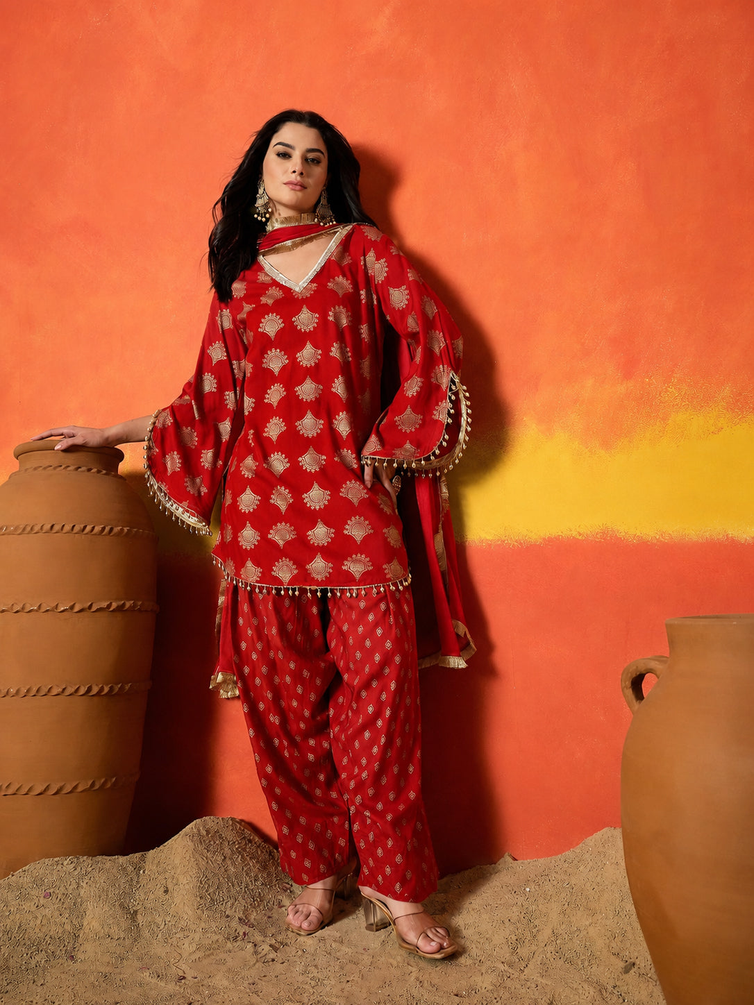 Printed Rayon A-Line Kurti Farshi Salwar With Dupatta