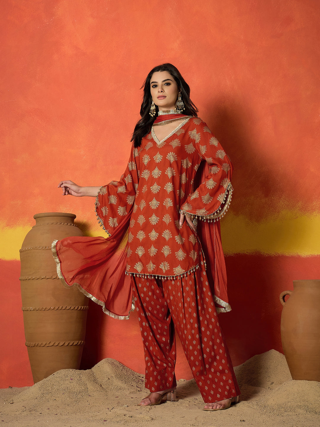 Printed Rayon A-Line Kurti Farshi Salwar With Dupatta