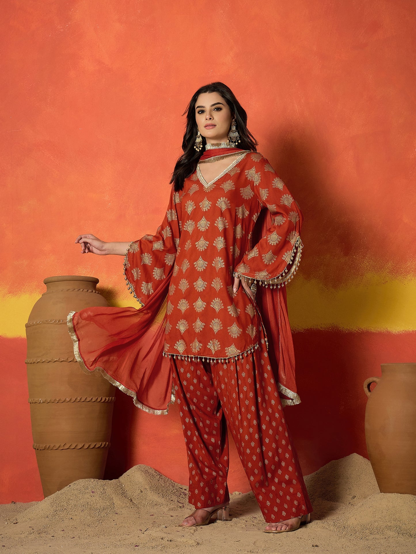 Printed Rayon A-Line Kurti Farshi Salwar With Dupatta