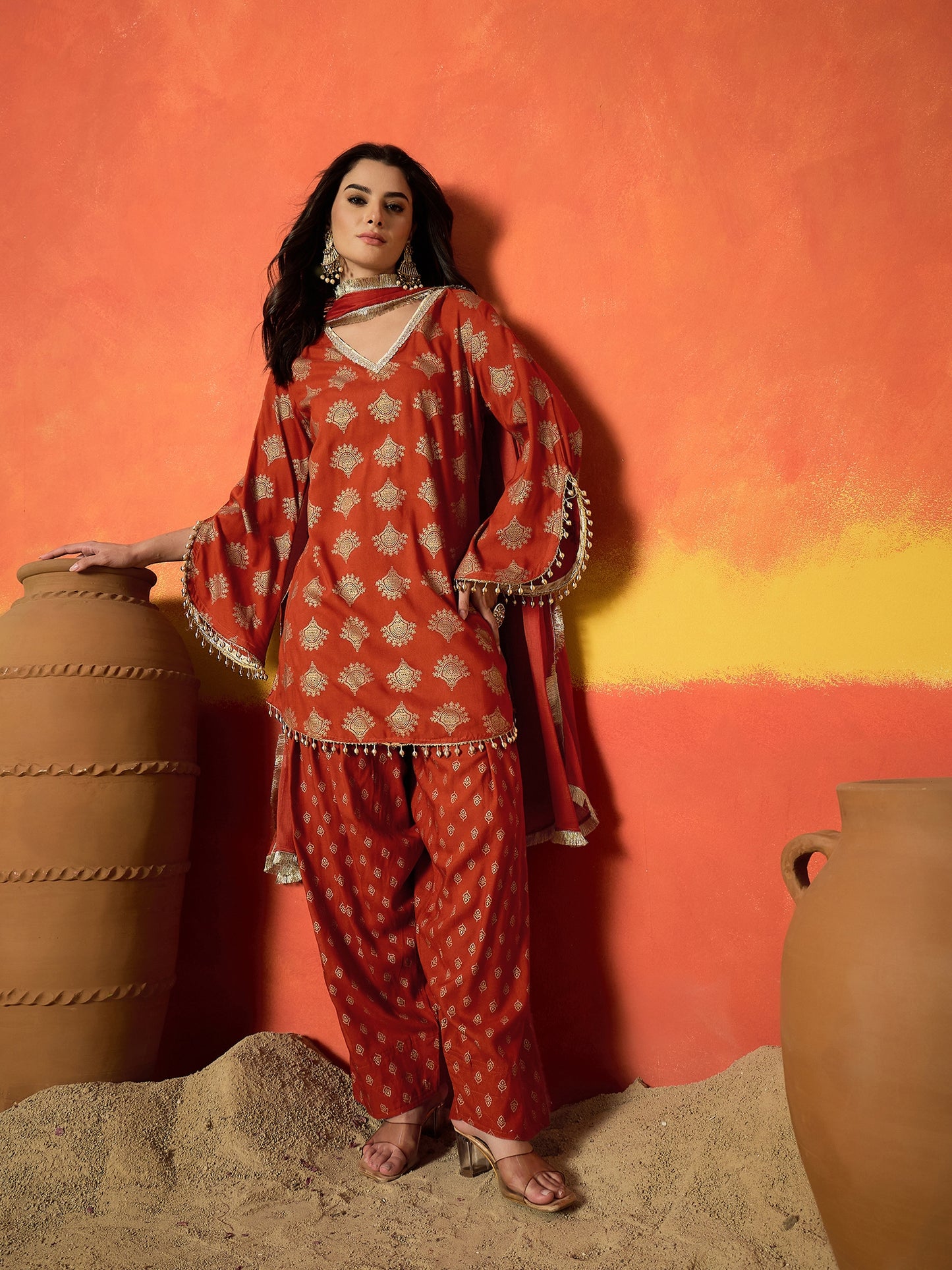 Printed Rayon A-Line Kurti Farshi Salwar With Dupatta