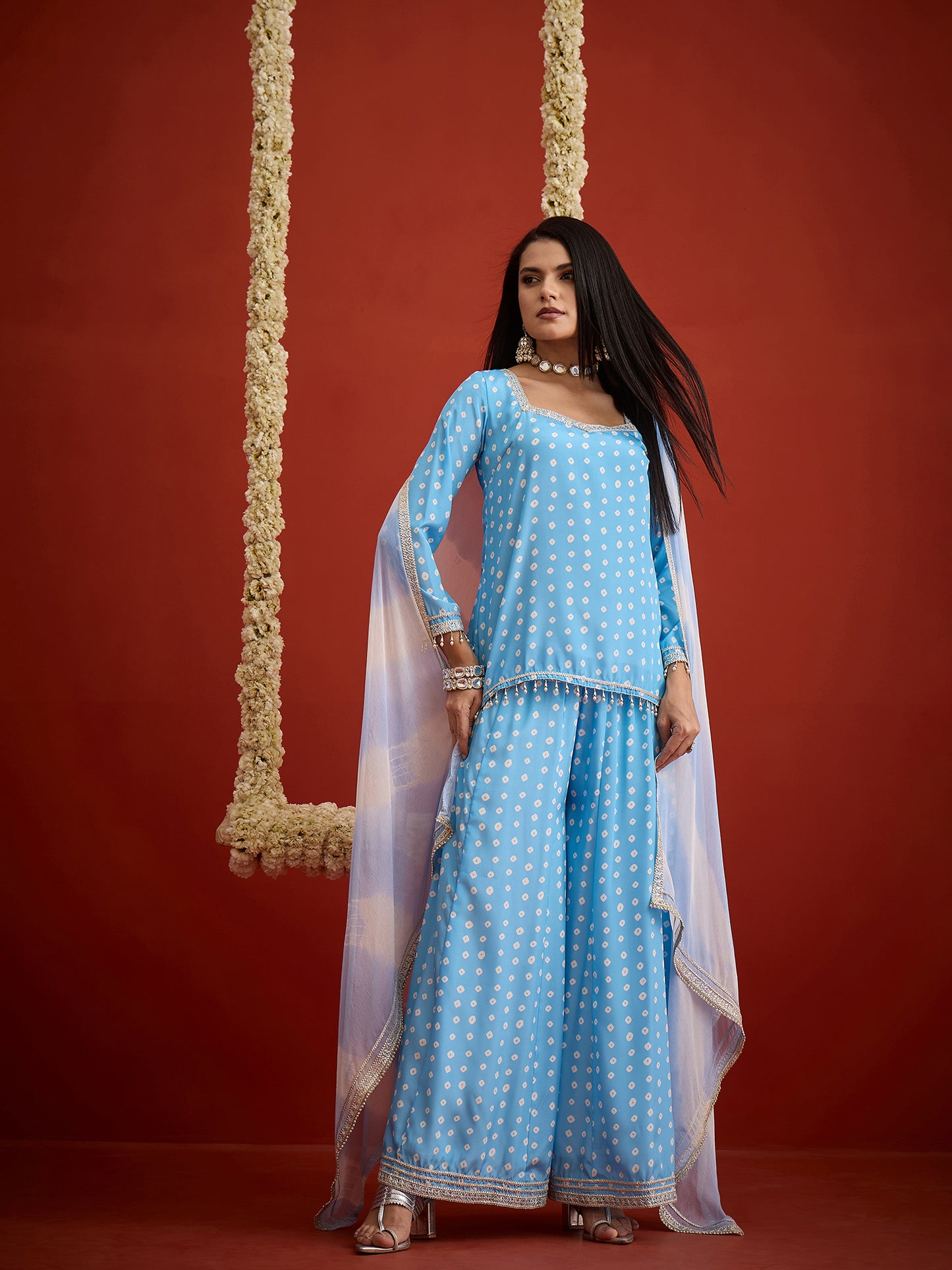 Bandhej Printed Crepe Straight Short Kurti Palazzo Dupatta Set