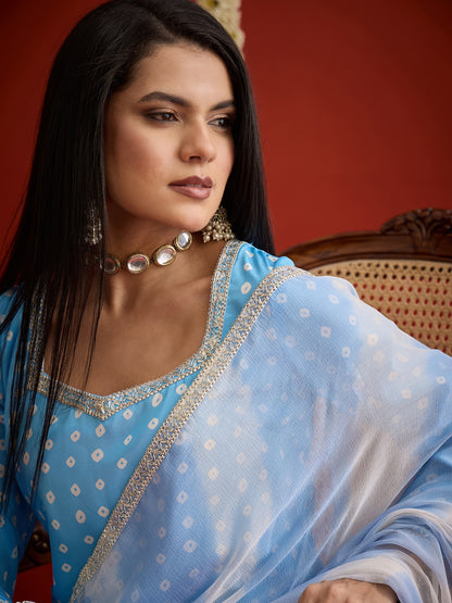 Bandhej Printed Crepe Straight Short Kurti Palazzo Dupatta Set