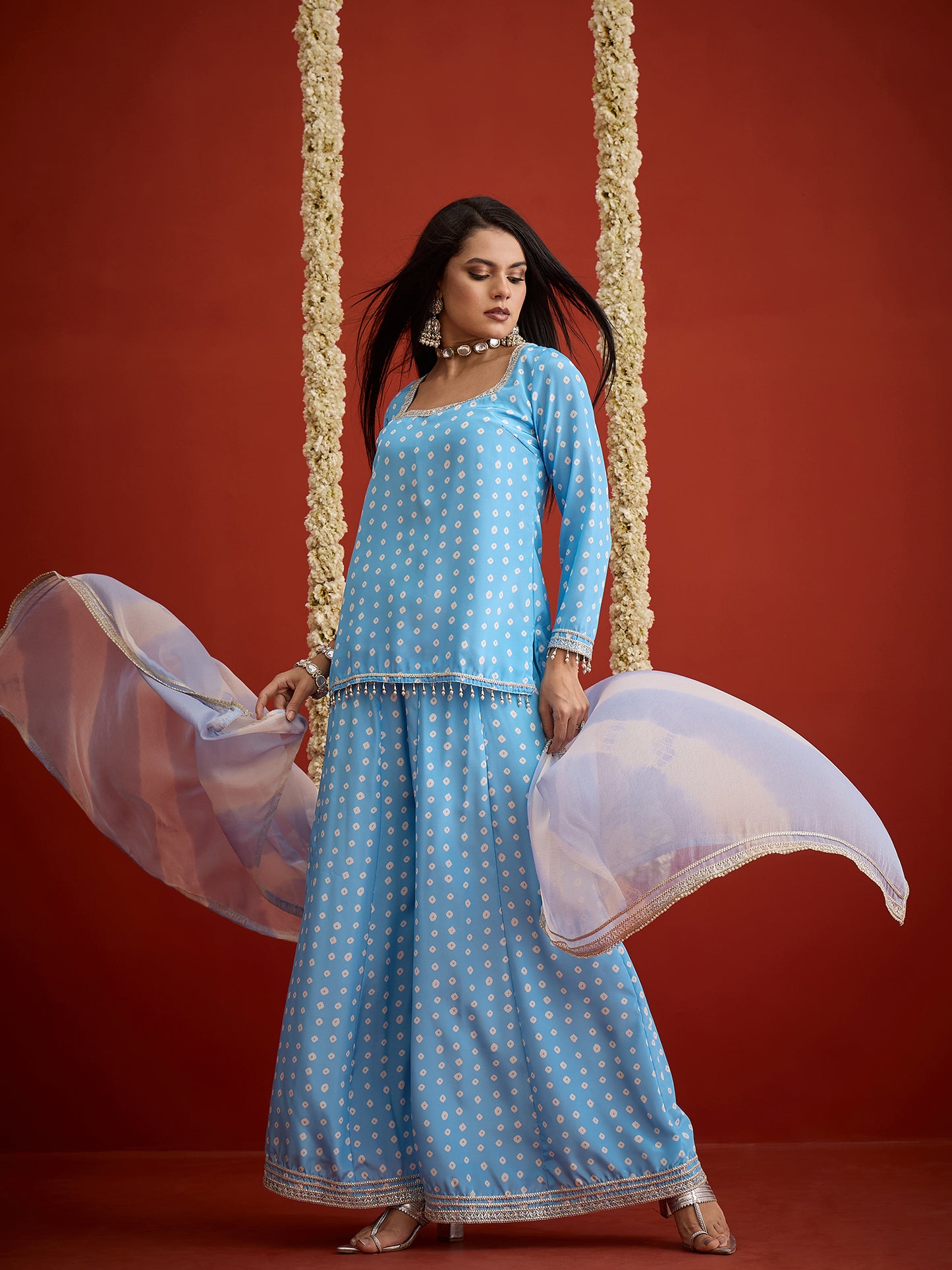 Bandhej Printed Crepe Straight Short Kurti Palazzo Dupatta Set