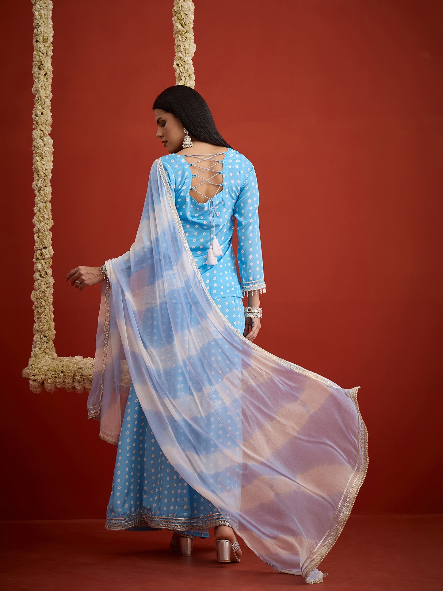 Bandhej Printed Crepe Straight Short Kurti Palazzo Dupatta Set