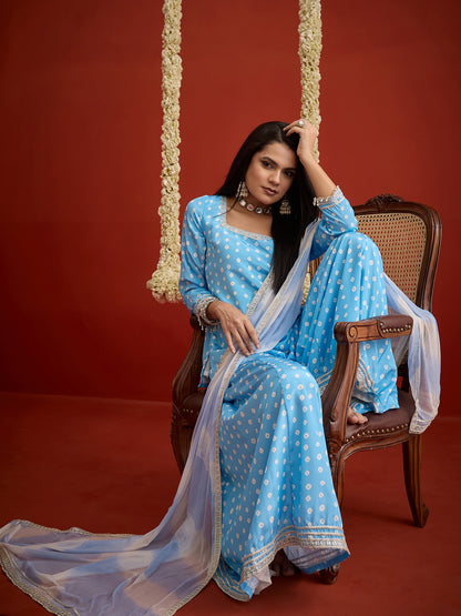 Bandhej Printed Crepe Straight Short Kurti Palazzo Dupatta Set