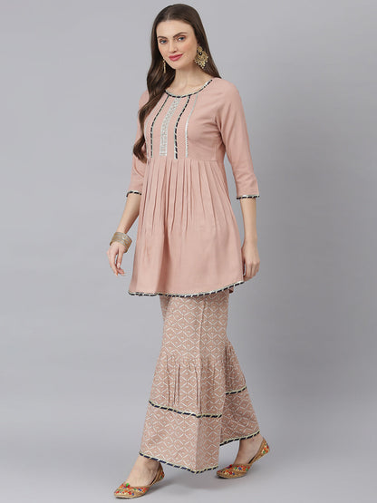 Women Printed Rayon A-Line Kurta Sharara Dupatta Set (Pre-Order)