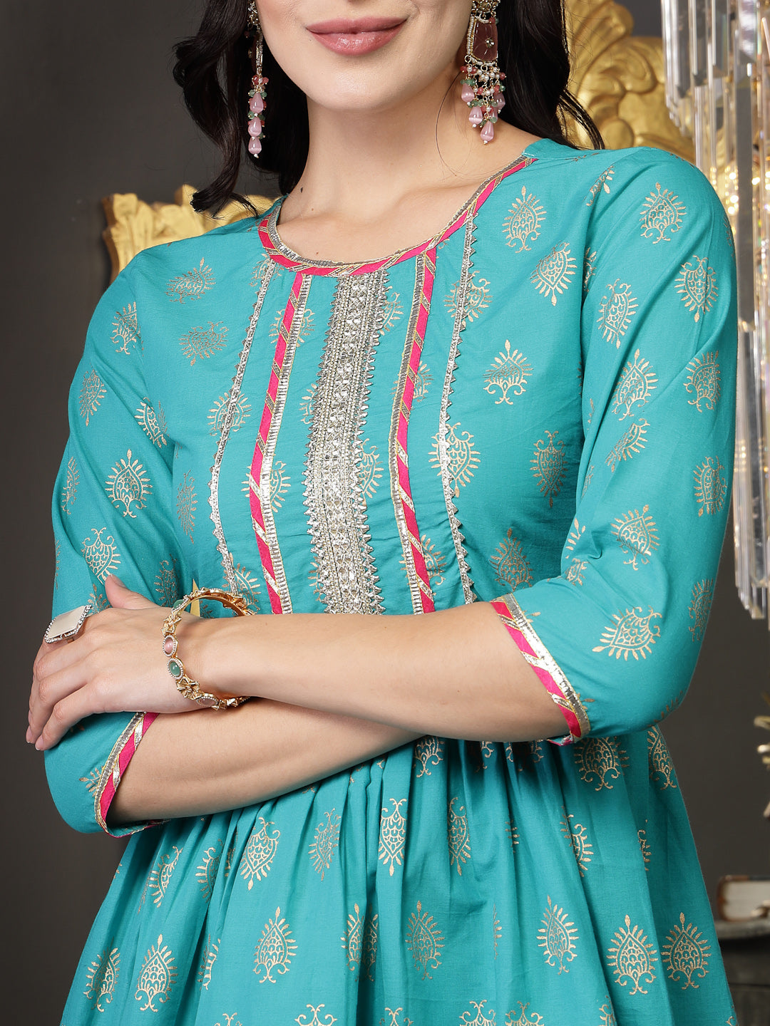 Gold Printed Rayon A-Line Kurta Sharara Dupatta Set