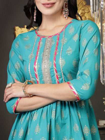 Gold Printed Rayon A-Line Kurta Sharara Dupatta Set