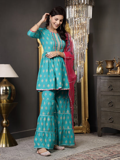 Gold Printed Rayon A-Line Kurta Sharara Dupatta Set