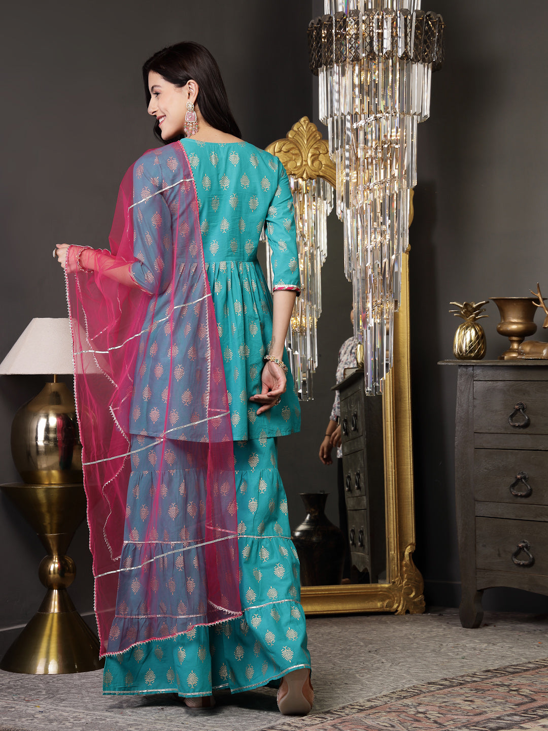 Gold Printed Rayon A-Line Kurta Sharara Dupatta Set