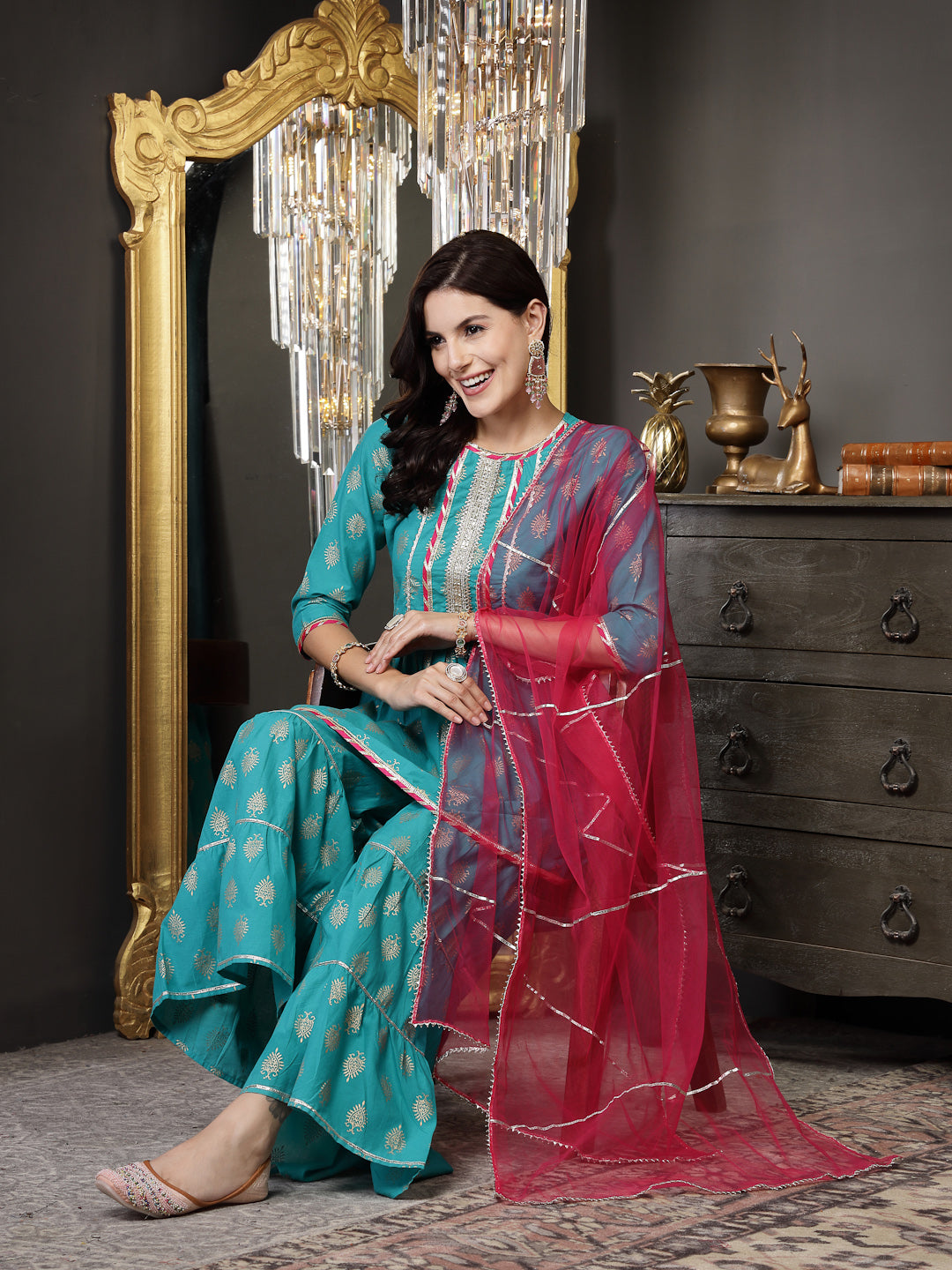 Gold Printed Rayon A-Line Kurta Sharara Dupatta Set