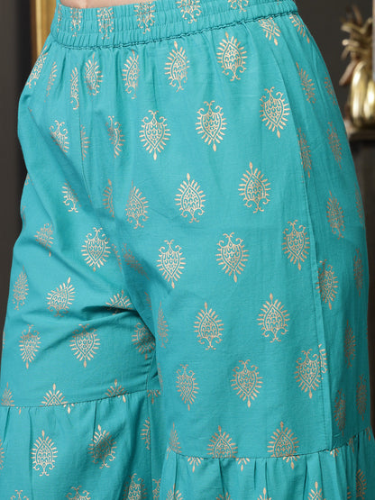 Gold Printed Rayon A-Line Kurta Sharara Dupatta Set