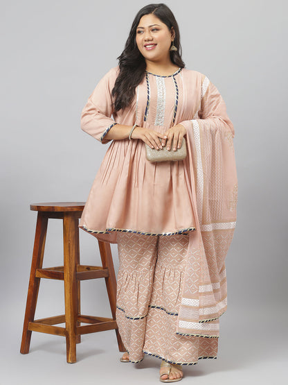Women Printed Rayon A-Line Kurta Sharara Dupatta Set (Pre-Order)