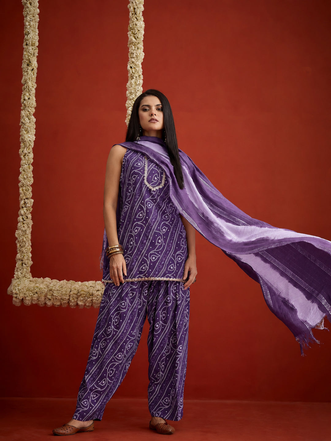 Bandhej Printed Rayon Straight Short Kurti Farshi Salwar Dupatta Set