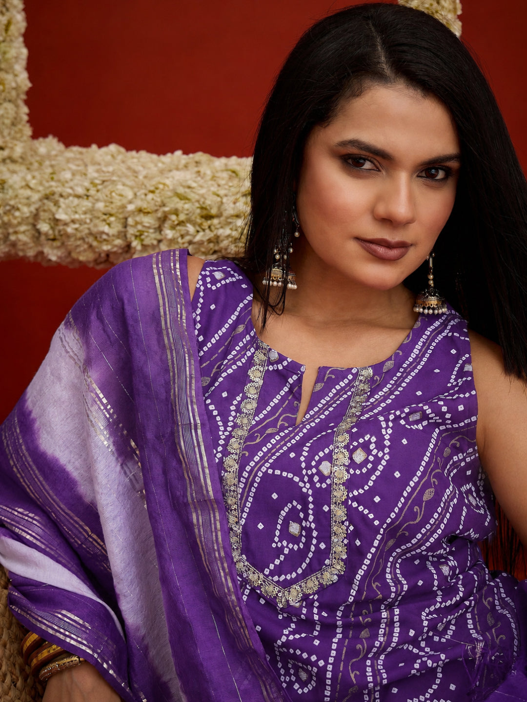 Bandhej Printed Rayon Straight Short Kurti Farshi Salwar Dupatta Set