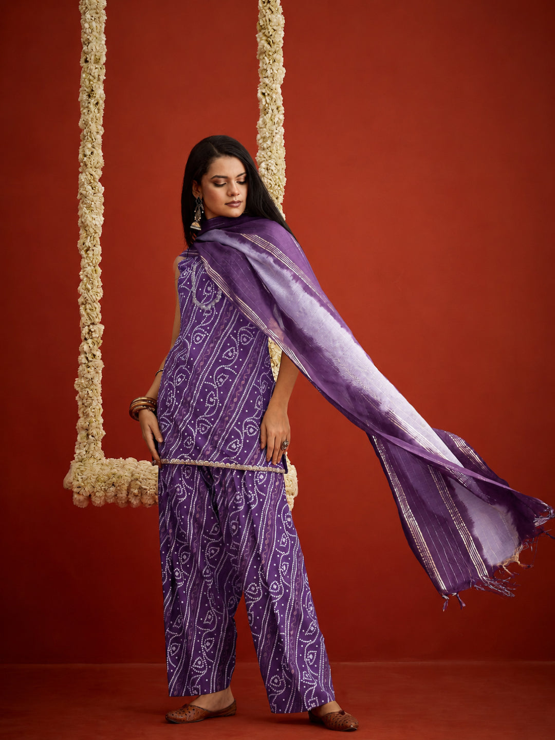 Bandhej Printed Rayon Straight Short Kurti Farshi Salwar Dupatta Set