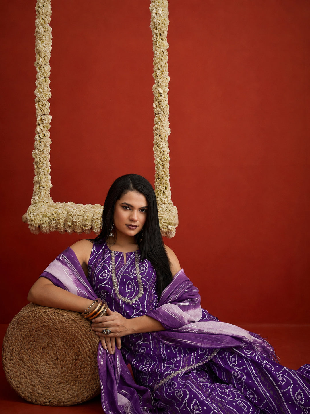Bandhej Printed Rayon Straight Short Kurti Farshi Salwar Dupatta Set