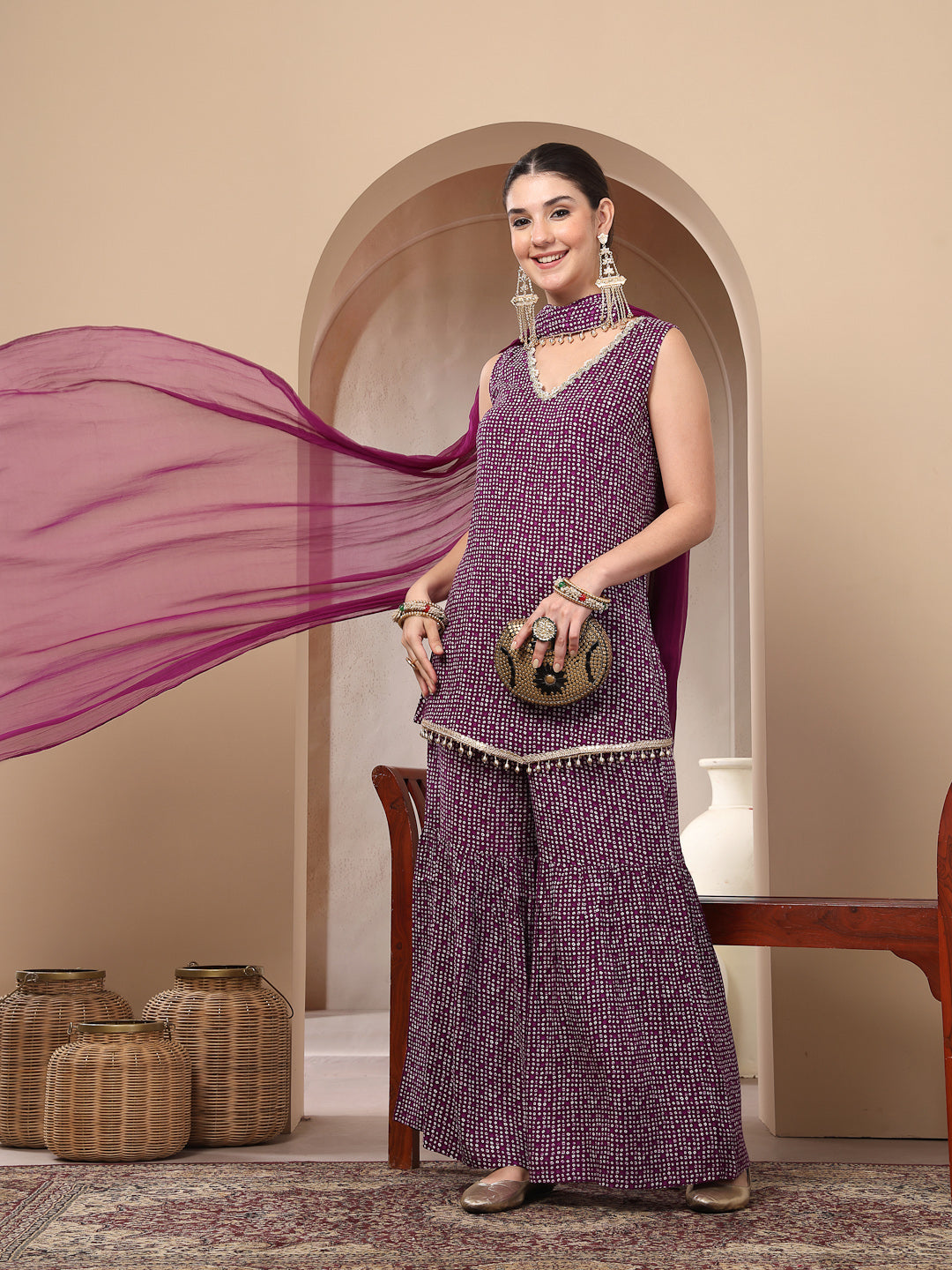 Bandhej Printed Rayon Asymmetric Short Kurti Sharara Dupatta Set