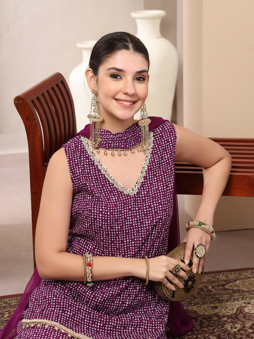 Bandhej Printed Rayon Asymmetric Short Kurti Sharara Dupatta Set