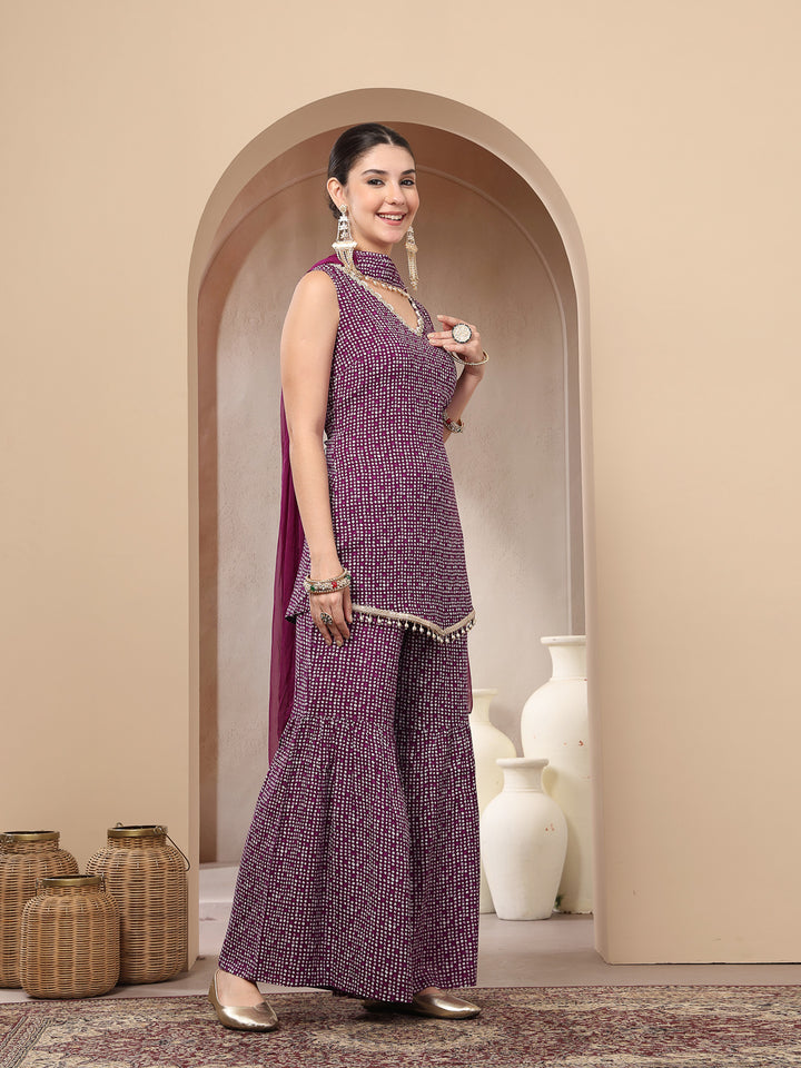 Bandhej Printed Rayon Asymmetric Short Kurti Sharara Dupatta Set
