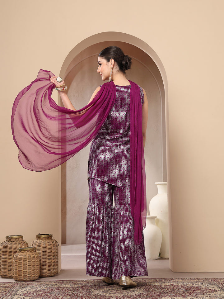 Bandhej Printed Rayon Asymmetric Short Kurti Sharara Dupatta Set