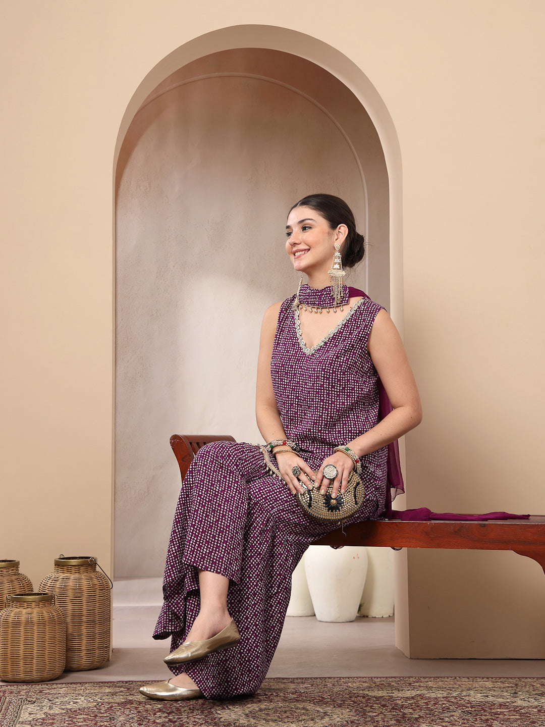 Bandhej Printed Rayon Asymmetric Short Kurti Sharara Dupatta Set