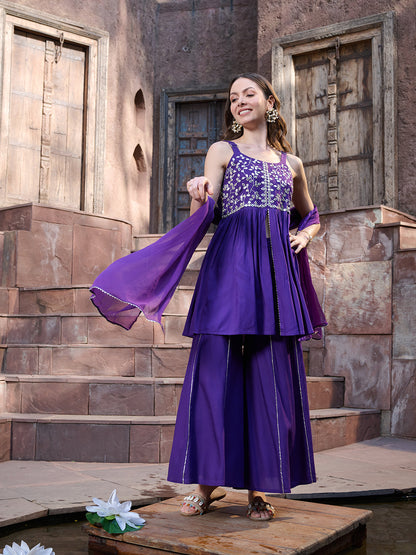 Violet Solid & Embroidered Rayon Short Kurti Sharara Dupatta Set