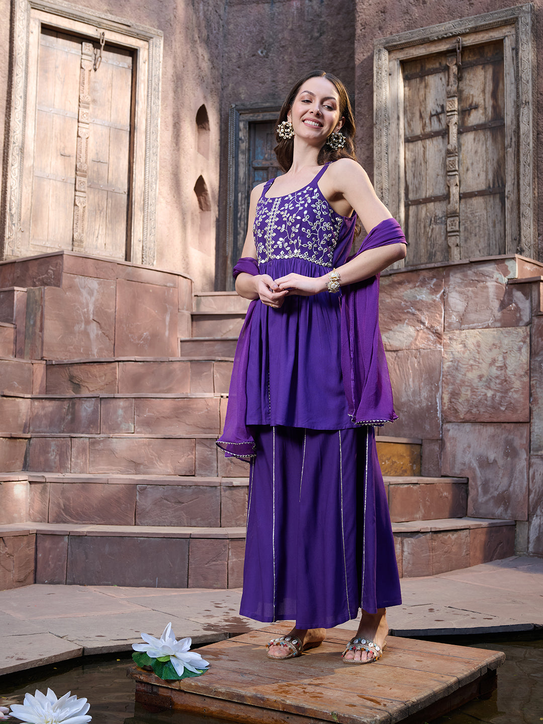 Violet Solid &amp; Embroidered Rayon Short Kurti Sharara Dupatta Set