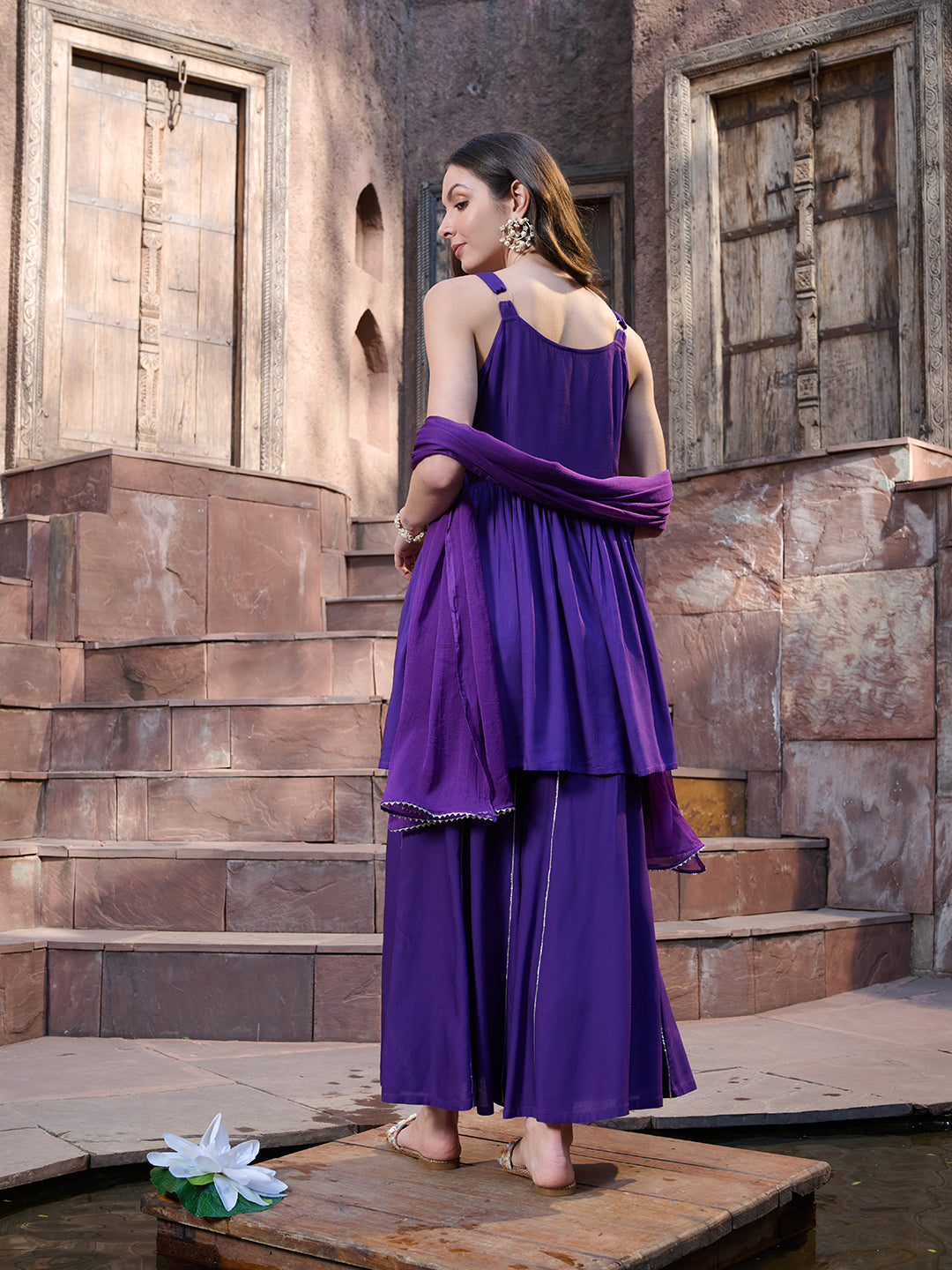 Violet Solid &amp; Embroidered Rayon Short Kurti Sharara Dupatta Set