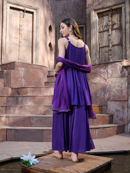 Violet Solid & Embroidered Rayon Short Kurti Sharara Dupatta Set