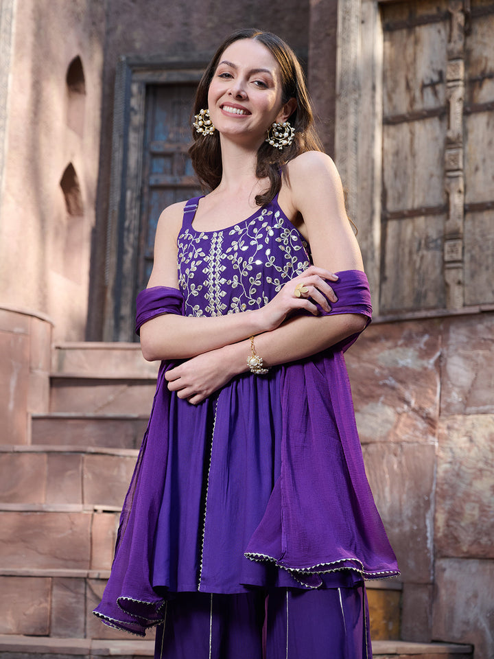 Violet Solid &amp; Embroidered Rayon Short Kurti Sharara Dupatta Set