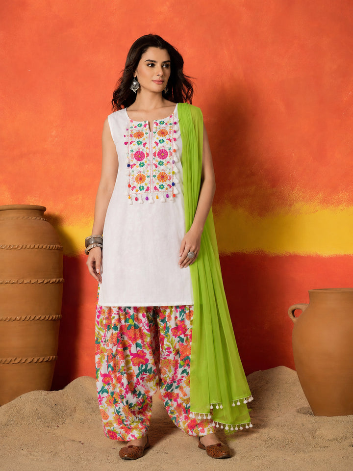 Solid &amp; Embroidered Pure Cotton Straight Kurti Farshi Salwar With With Dupatta