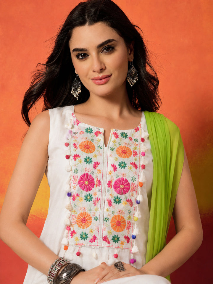 Solid &amp; Embroidered Pure Cotton Straight Kurti Farshi Salwar With With Dupatta
