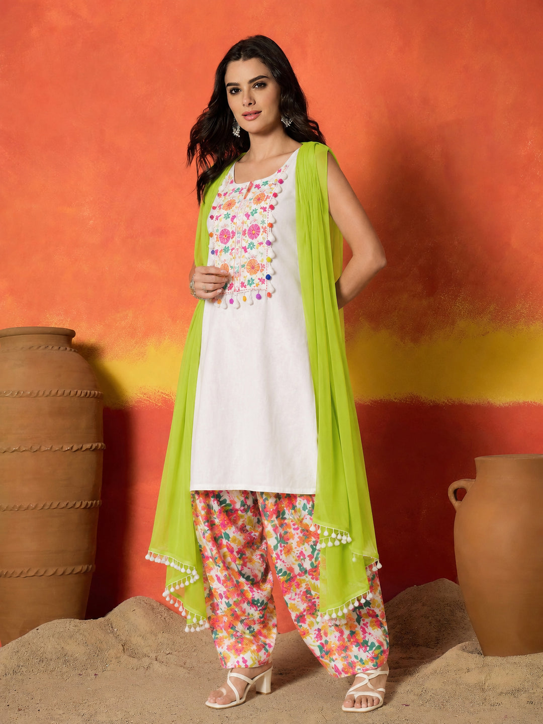 Solid &amp; Embroidered Pure Cotton Straight Kurti Farshi Salwar With With Dupatta