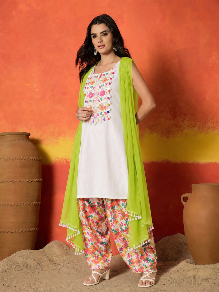 Solid &amp; Embroidered Pure Cotton Straight Kurti Farshi Salwar With With Dupatta