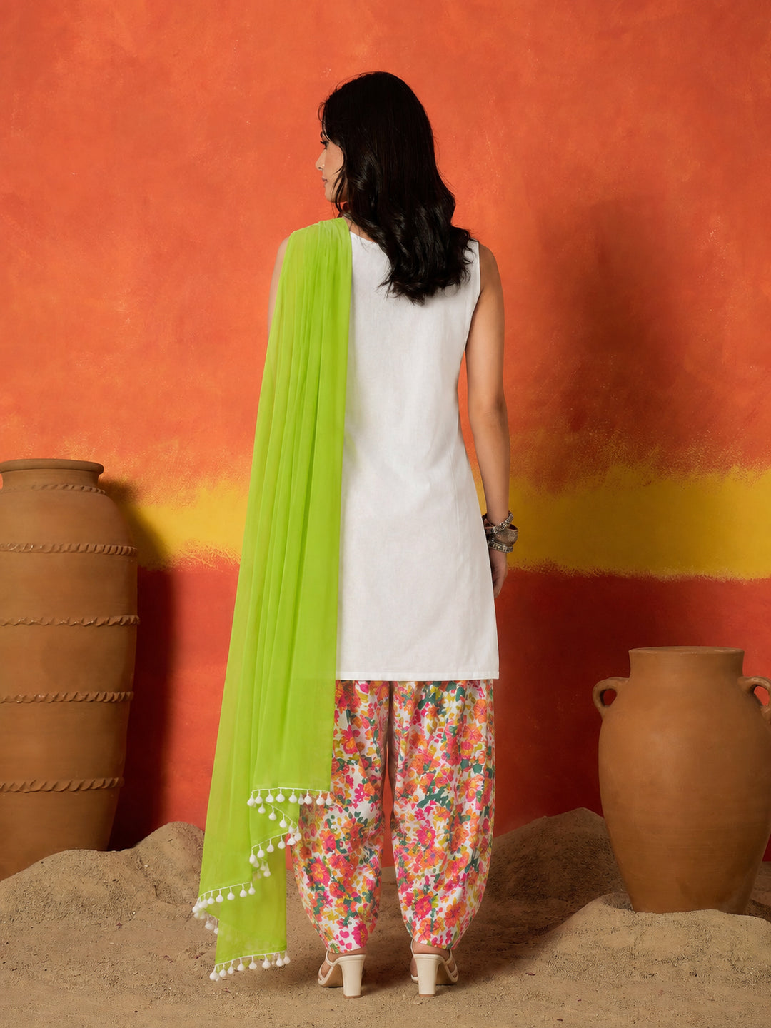 Solid &amp; Embroidered Pure Cotton Straight Kurti Farshi Salwar With With Dupatta