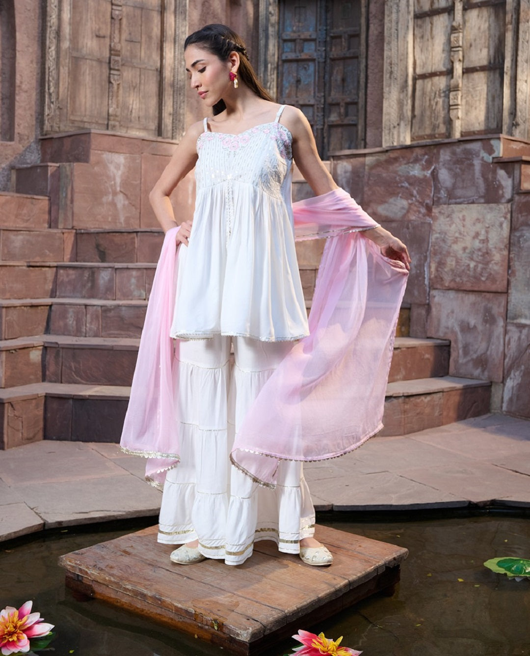 White Solid & Embroidered Rayon Short Kurti Sharara Dupatta Set (Pre-Order)