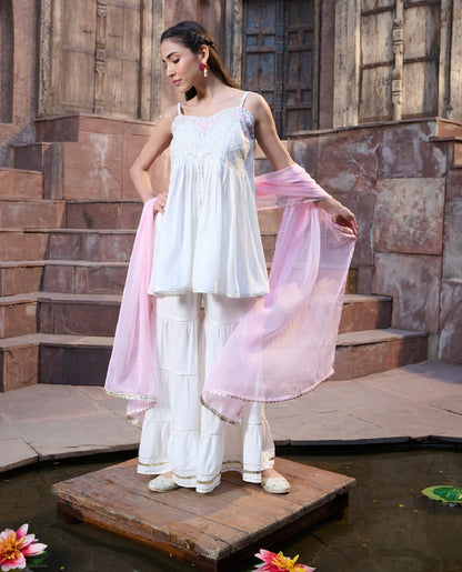 White Solid & Embroidered Rayon Short Kurti Sharara Dupatta Set (Pre-Order)