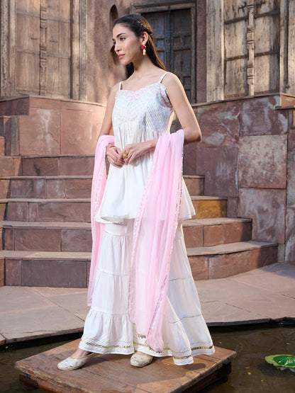 White Solid & Embroidered Rayon Short Kurti Sharara Dupatta Set (Pre-Order)