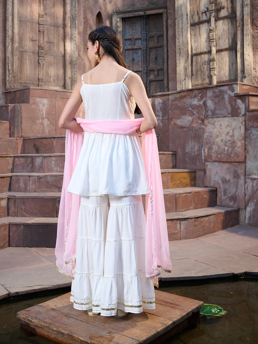 White Solid &amp; Embroidered Rayon Short Kurti Sharara Dupatta Set