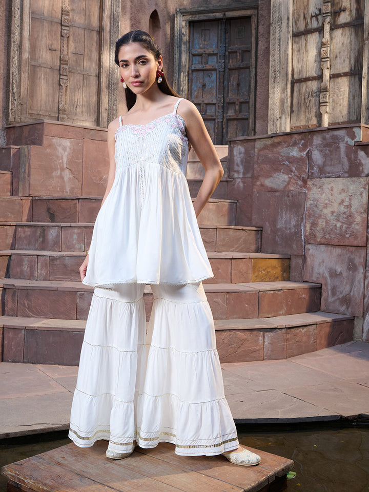 White Solid &amp; Embroidered Rayon Short Kurti Sharara Dupatta Set